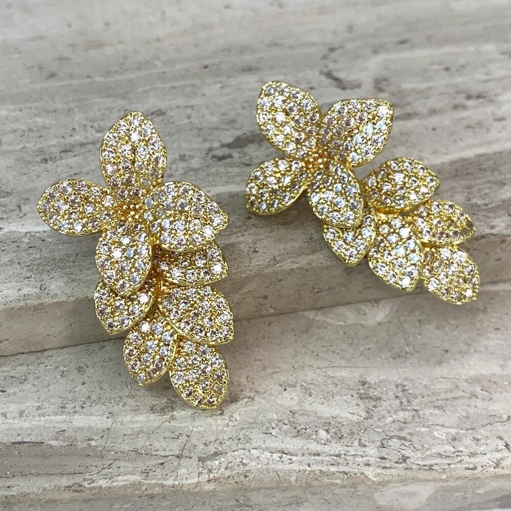 NEW~ Anthropologie Pave Crystal Floral Gold Dangle Earrings
